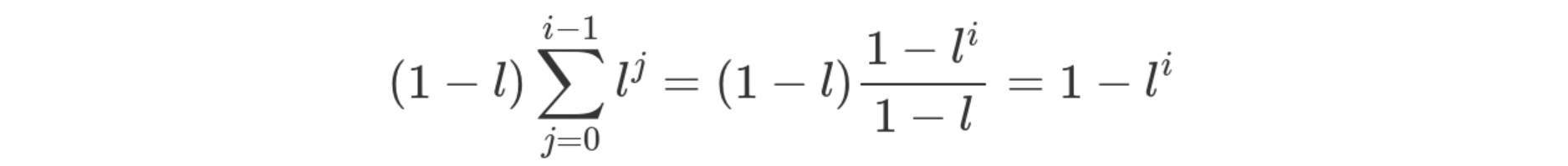 (1 - l)\sum_{j=0}^{i - 1} l^j = (1 - l)\frac{1 - l^i}{1-l} = 1 - l^i